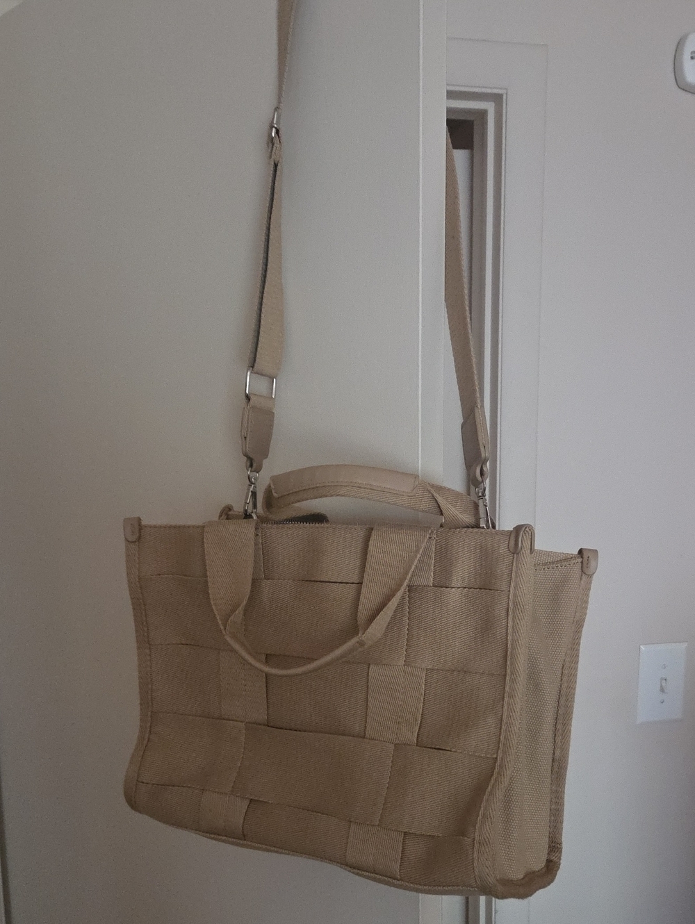 Beige Woven Canvas Tote Bag with Detachable Strap